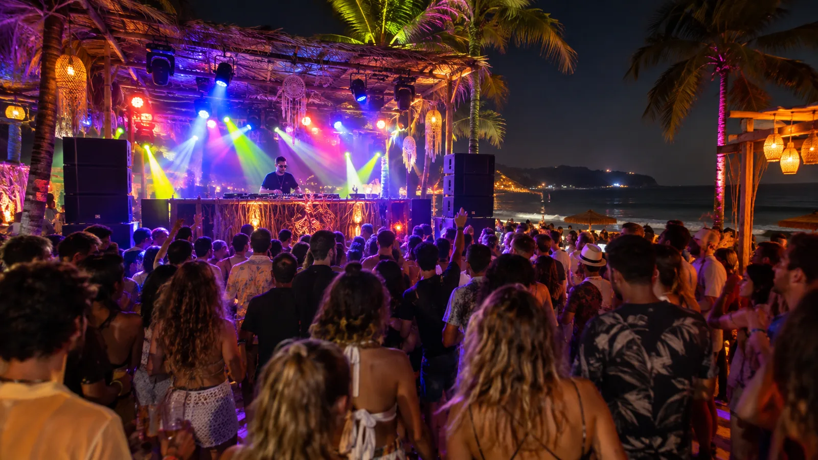 Open-air beach club at night
