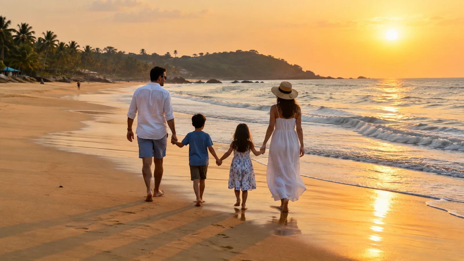 Family walking along a Goa beach