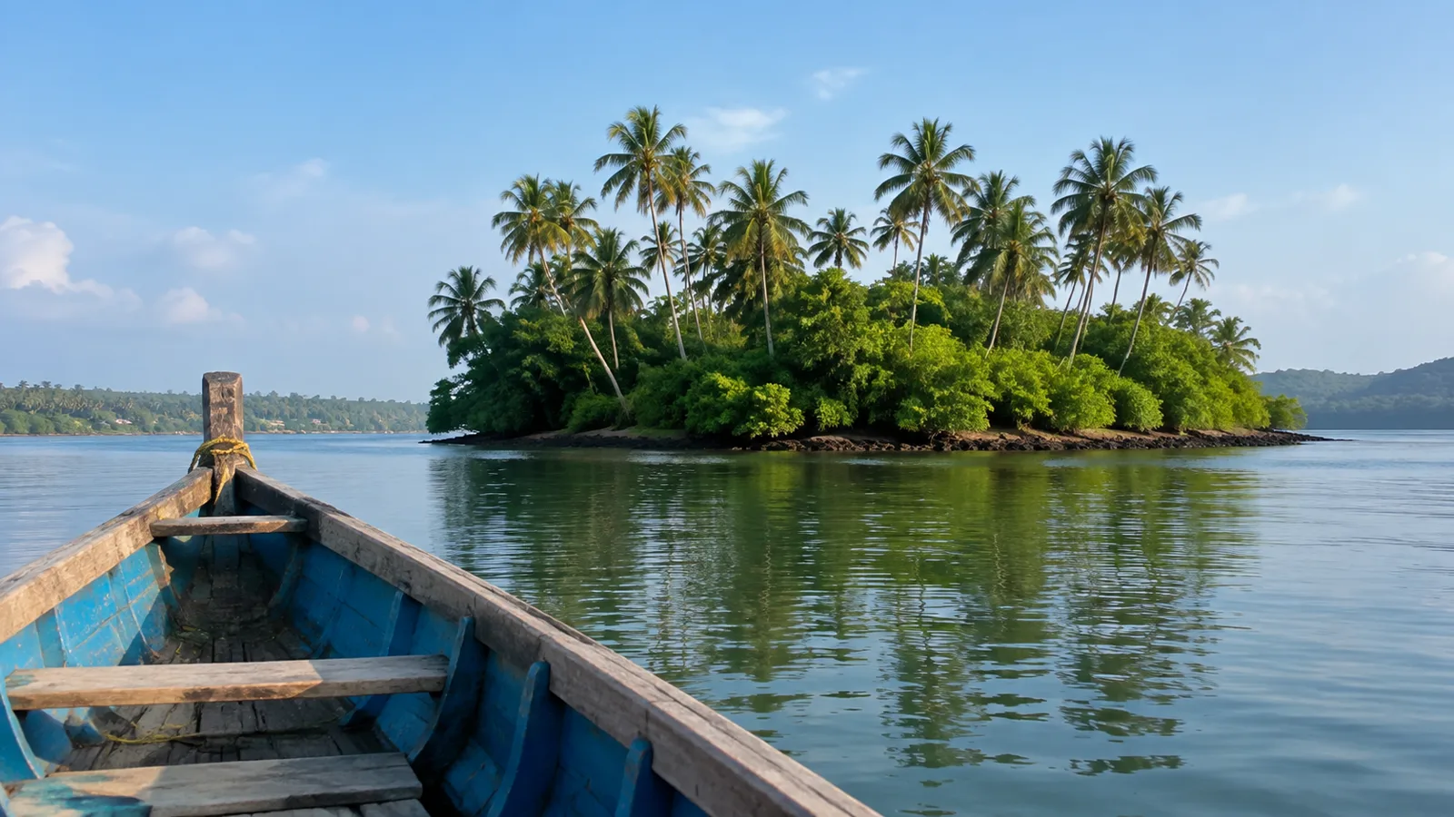 Wooded river island seen from a boat
