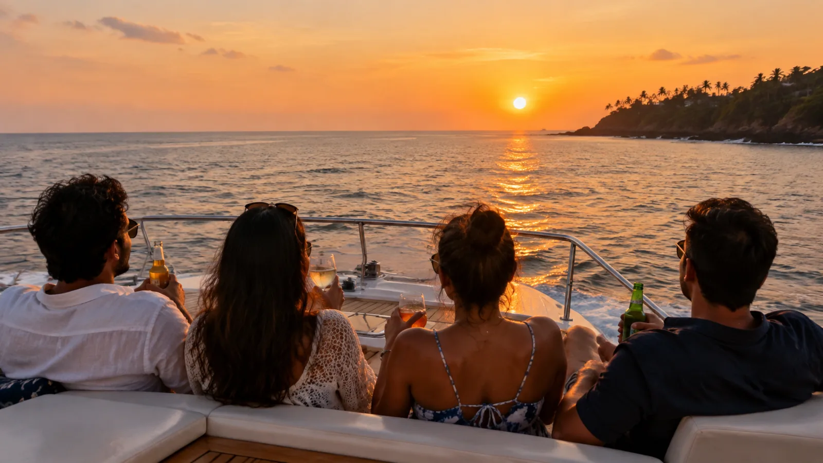 Friends on a private yacht at sunset